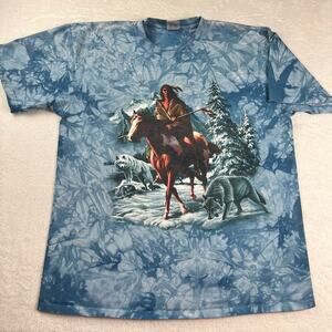 Back to Earth Native Man Horse Wolf Nature T-Shirt Men's size XL Blue Tie Dye